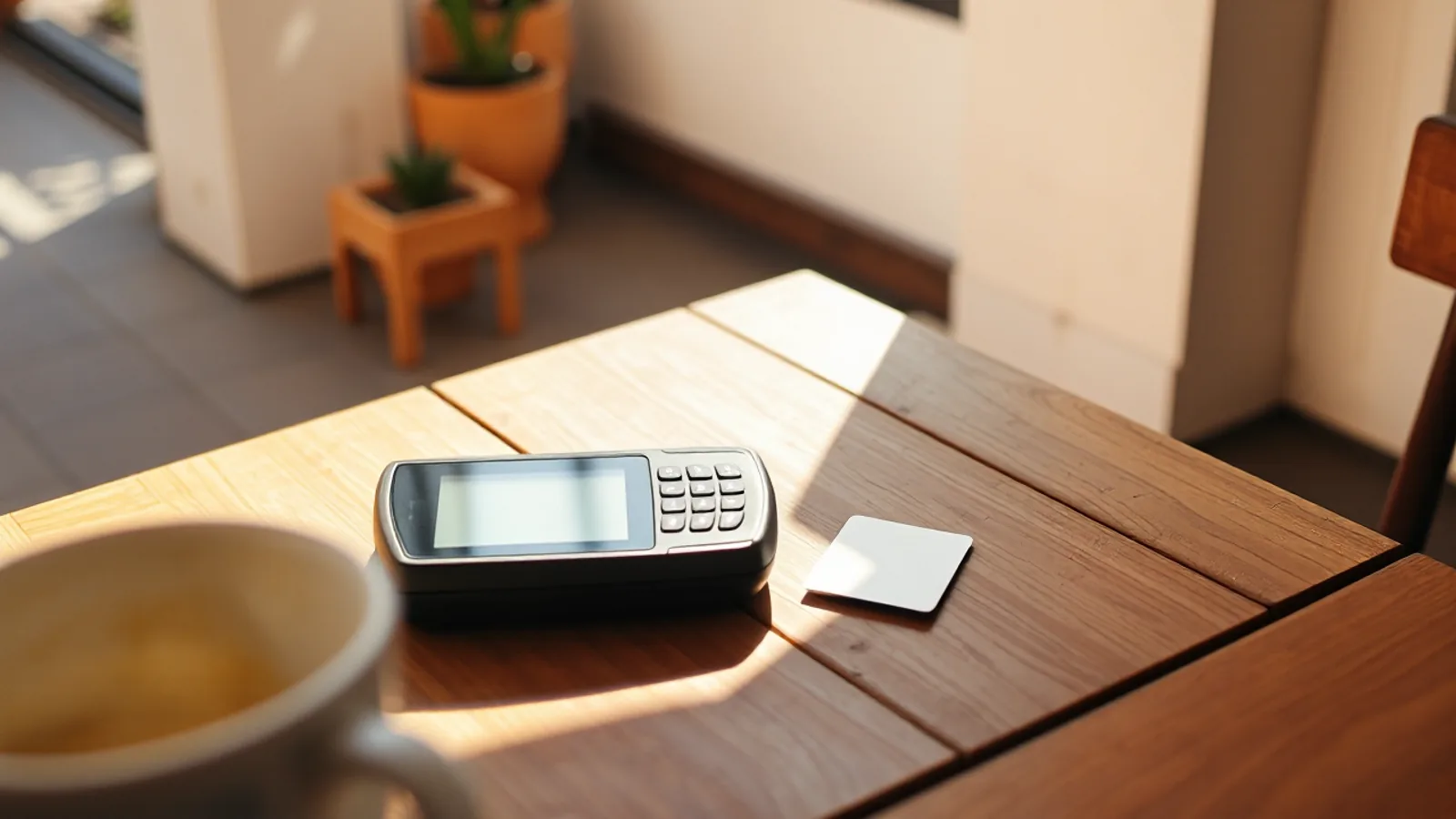 Un datáfono de pago con la pantalla apagada y una tarjeta bancaria lisa apoyados sobre la mesa de madera de una cafetería, con una mano cerca sin tocarlos