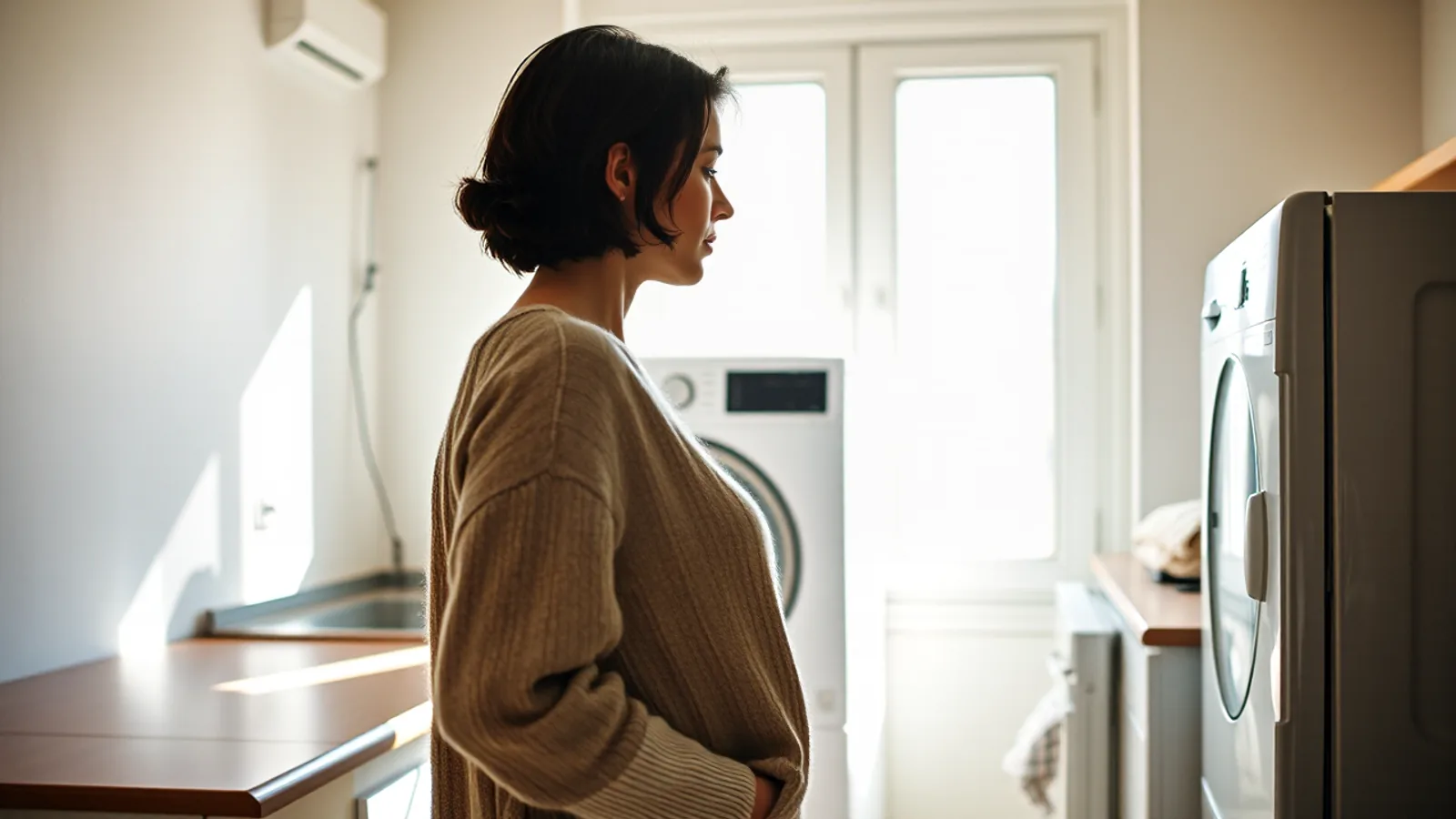 Una mujer de unos treinta años, de perfil, mira hacia una lavadora en una cocina luminosa, con otra lavadora al fondo junto a la ventana.
