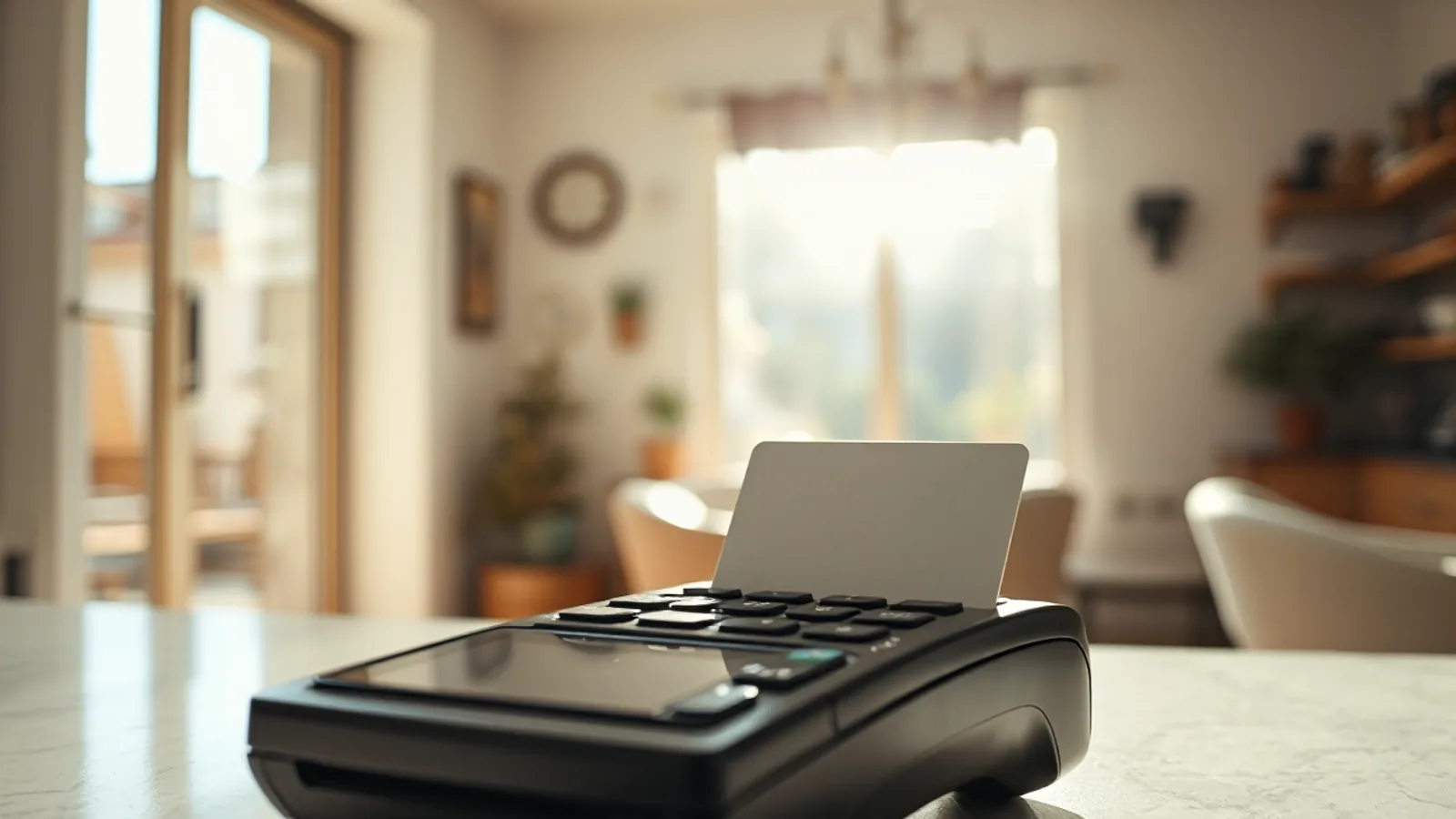 Una tarjeta de plástico sin marca apoyada en el borde de un datáfono, en primer plano