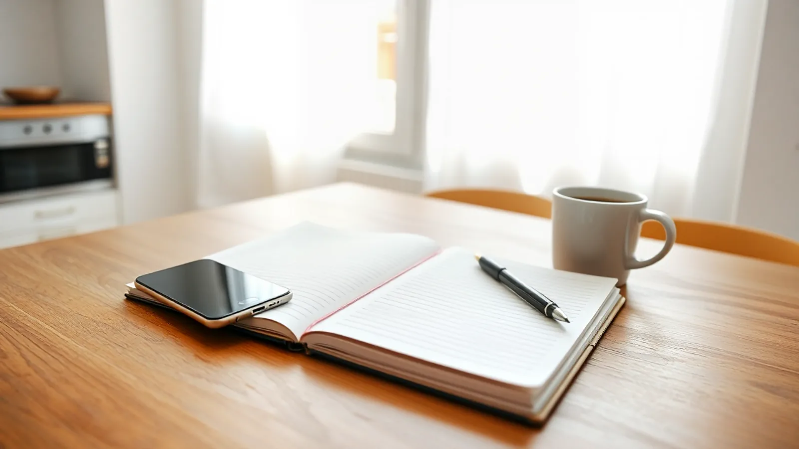 Un móvil boca abajo sobre la mesa de una cocina luminosa, junto a una libreta abierta, un bolígrafo y un café