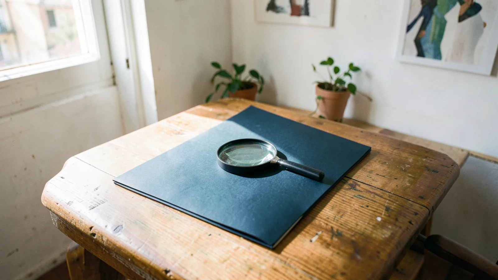 Una lupa apoyada sobre una carpeta cerrada de color liso en la mesa de una cocina, vista desde arriba, con luz de mañana