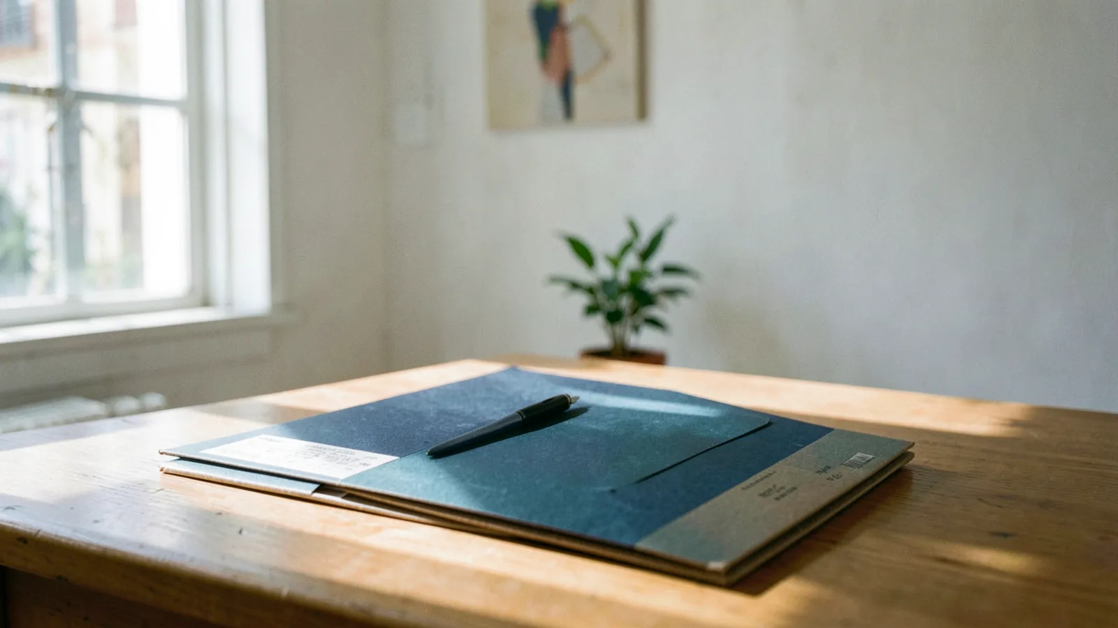 Una carpeta de documentos cerrada sobre una mesa de madera, con una pluma encima y luz suave de ventana, sin nadie en la escena