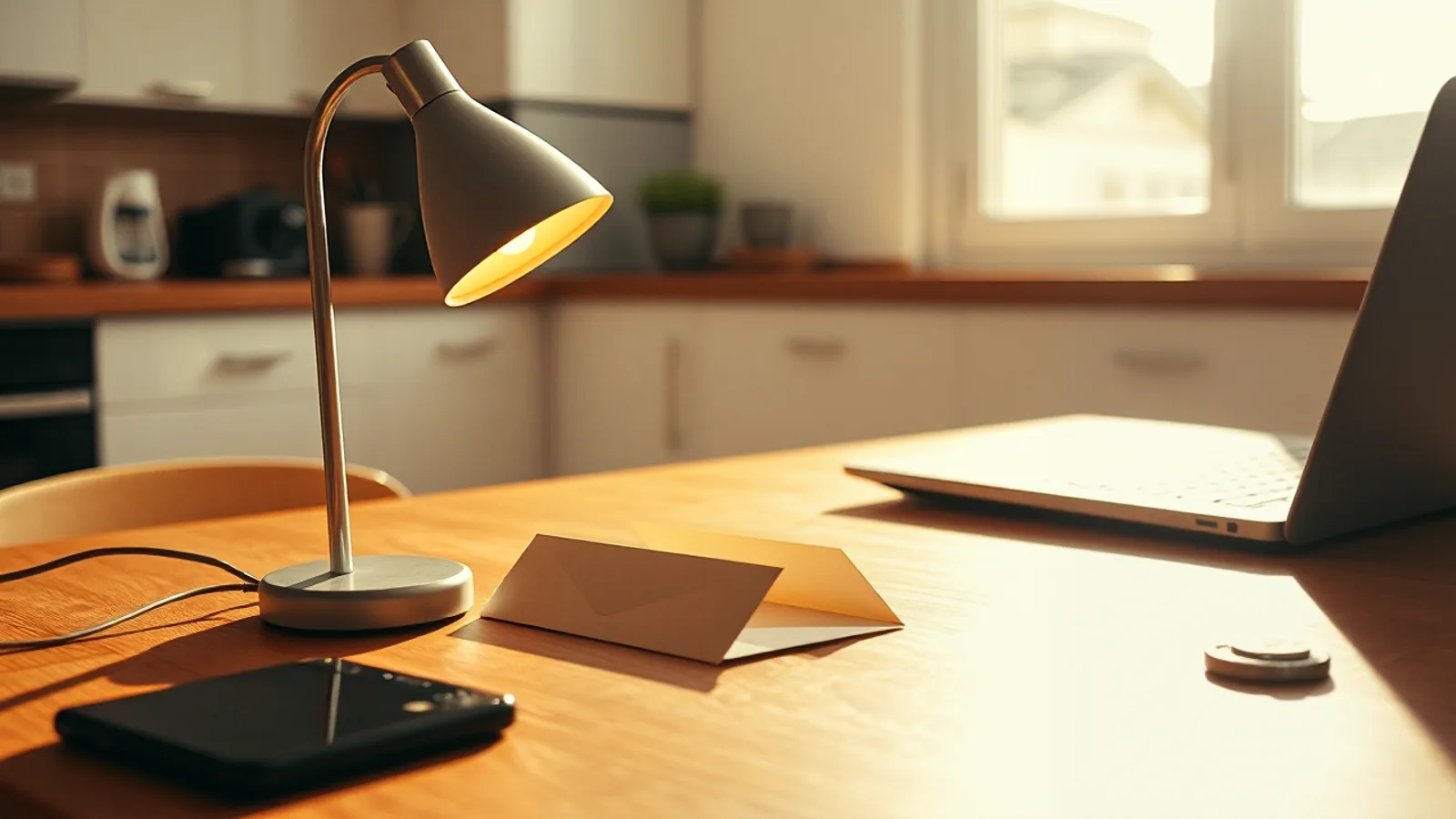 Una lámpara de mesa encendida junto a un sobre abierto sobre la mesa de una cocina luminosa, con la luz del día entrando por la ventana