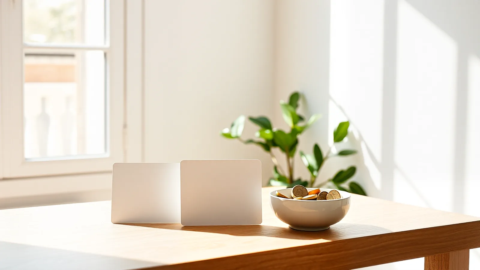 Dos tarjetas sin marca y un cuenco con monedas sobre una mesa de madera clara, junto a una ventana a pleno sol