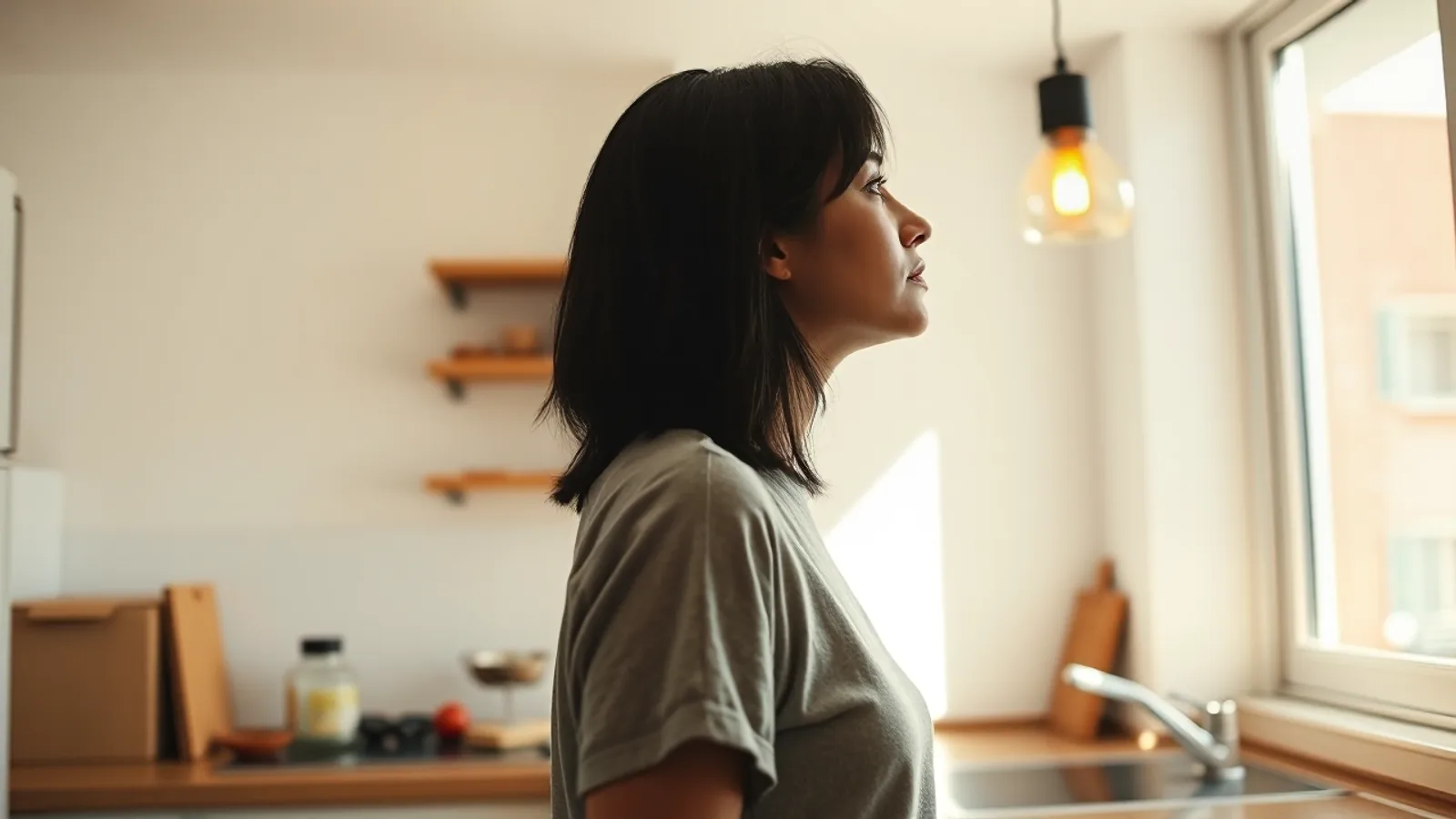 Una mujer de perfil mira una lámpara encendida que cuelga del techo de su cocina, con sol de mañana entrando por la ventana