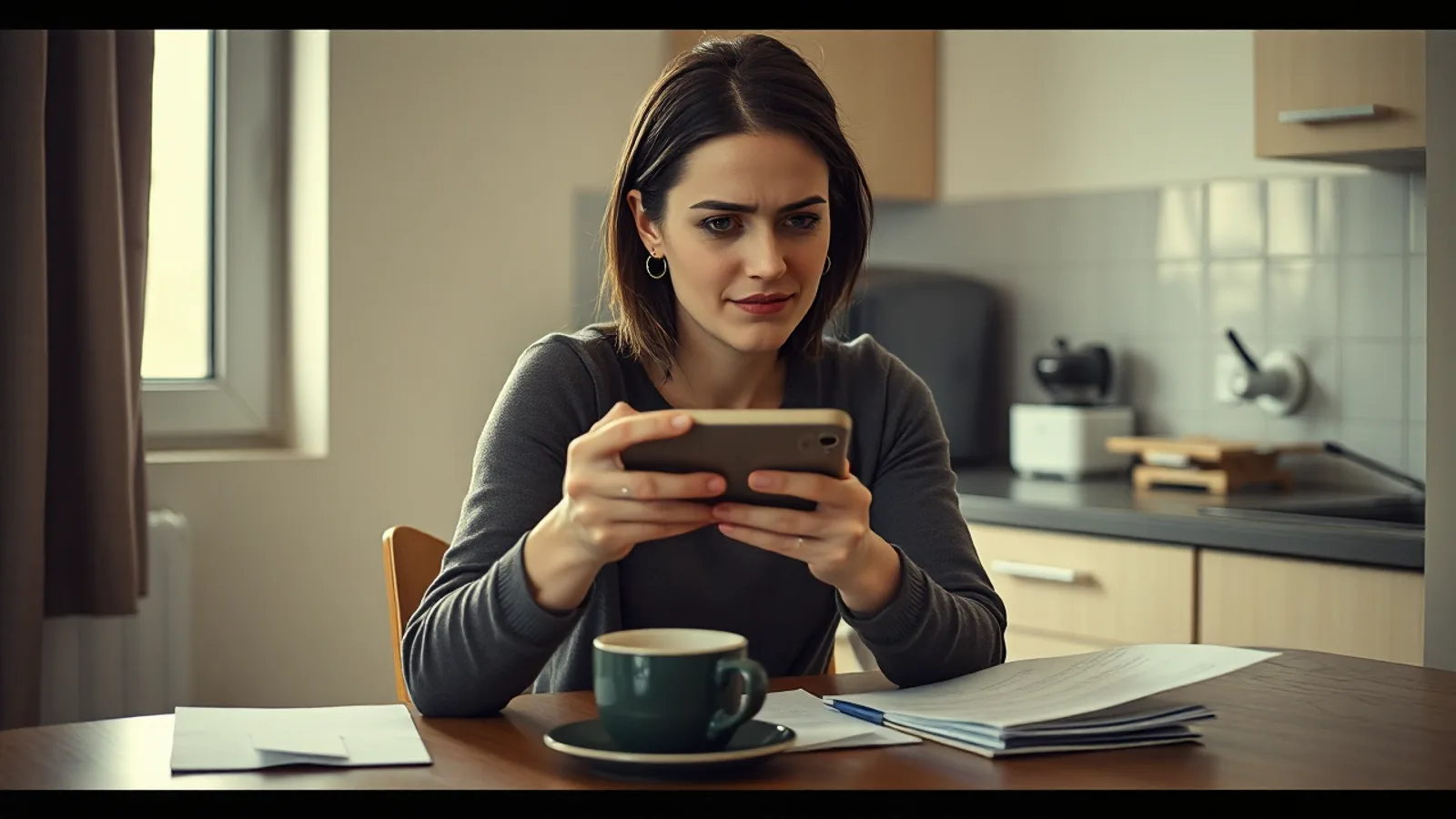 Una mujer sentada a la mesa de la cocina lee la letra pequeña en el móvil con gesto de contrariedad