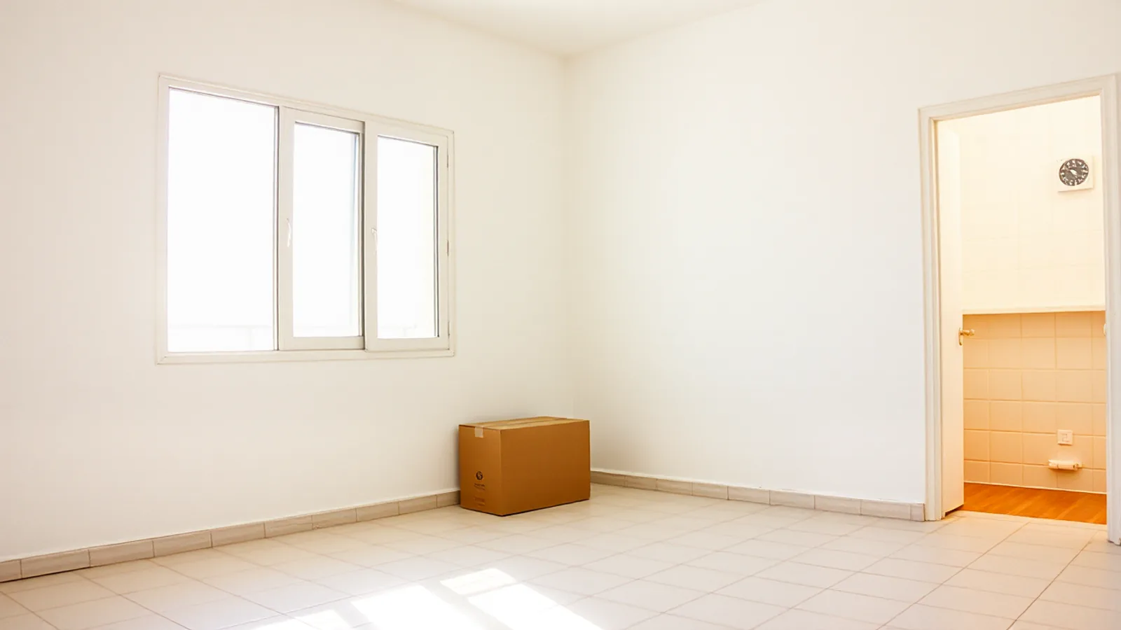 Una habitación vacía de un piso, con la luz de la tarde en el suelo y una caja de cartón en una esquina