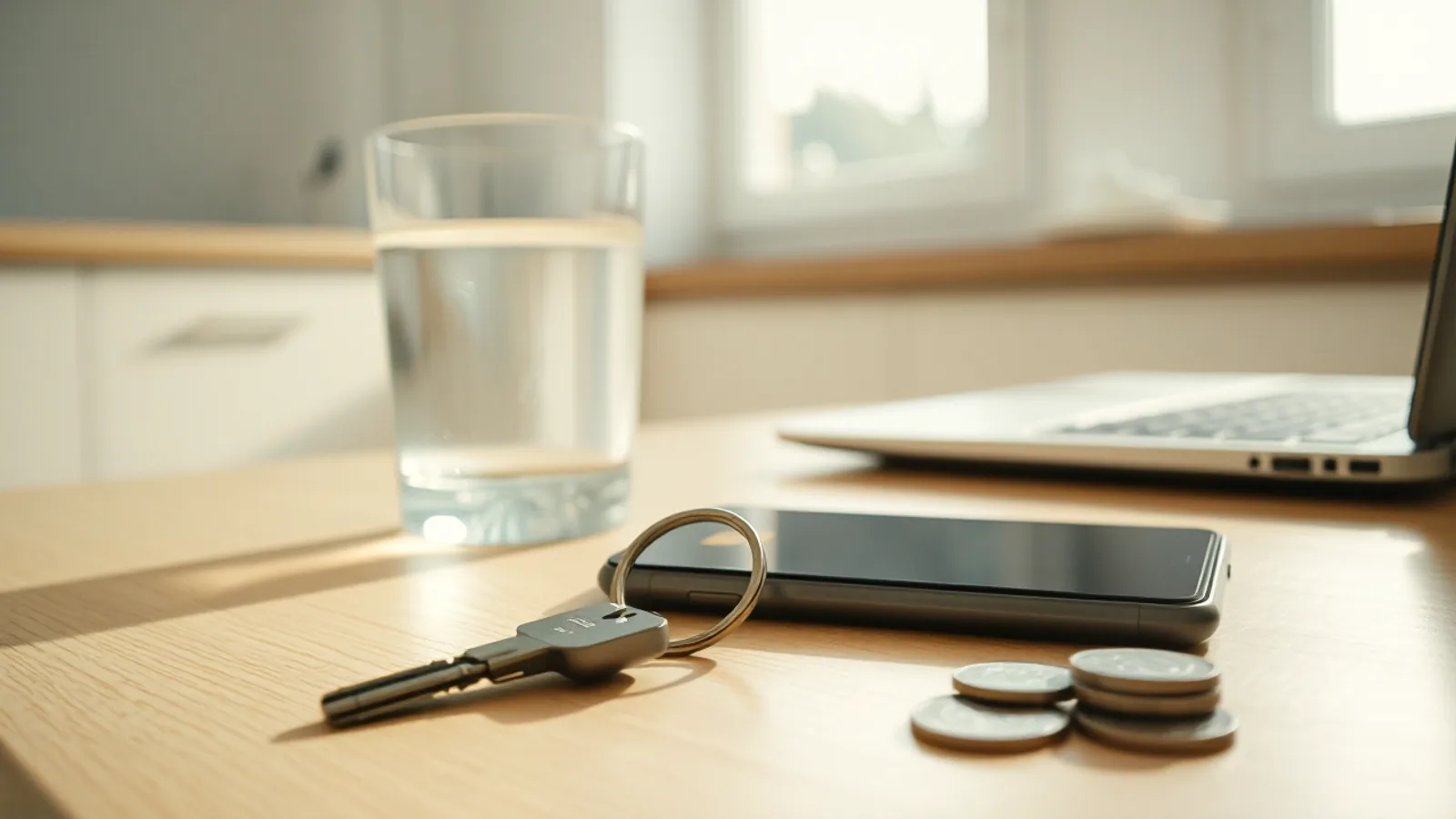 Unas llaves de casa sobre la mesa de una cocina soleada, junto a un vaso de agua