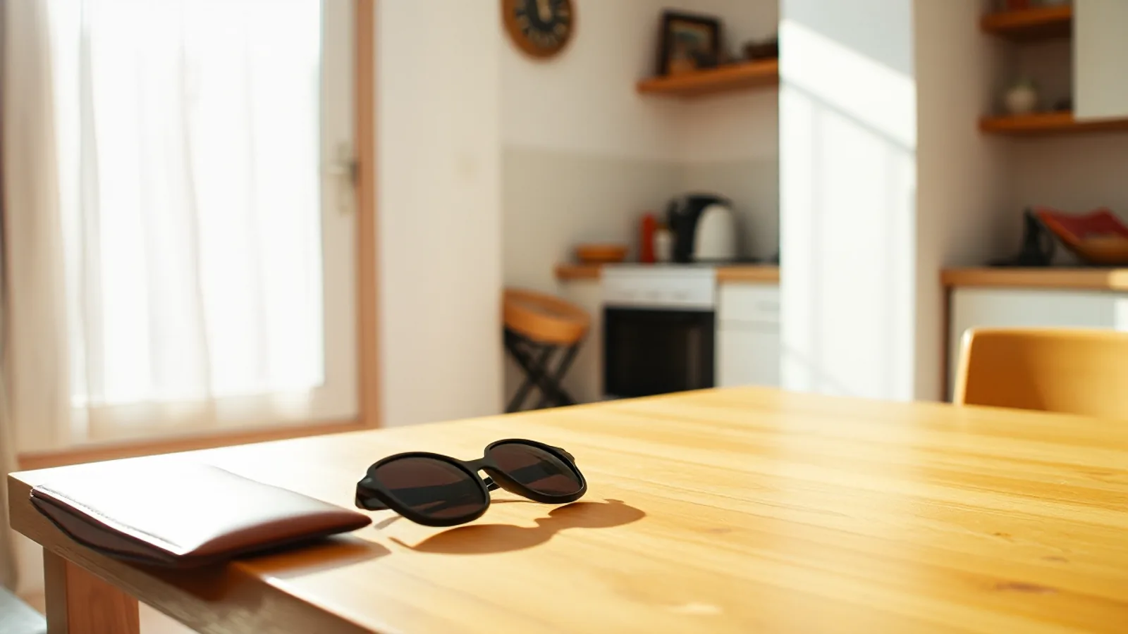 Unas gafas de sol y un monedero liso de piel sobre la mesa de madera de una cocina, con el sol de la mañana entrando por la ventana