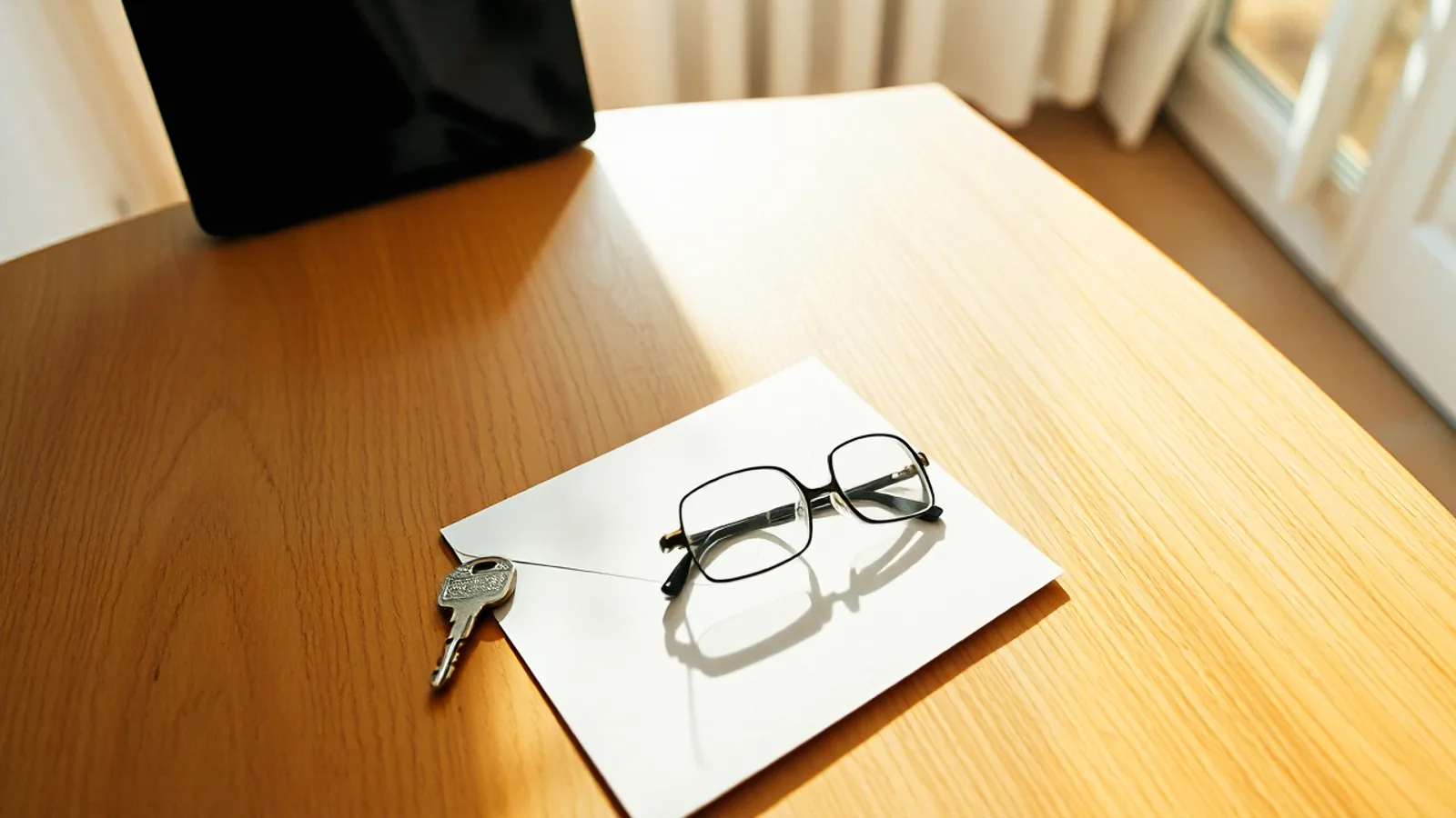 Una carpeta abierta con la escritura de una hipoteca y un juego de llaves de casa sobre la mesa de un salón, con luz de mañana