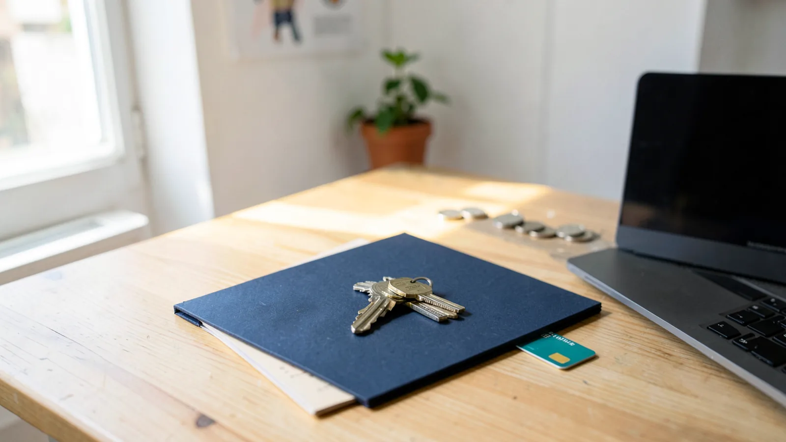 Unas llaves de casa encima de una carpeta azul cerrada, sobre una mesa de madera clara junto a una ventana soleada