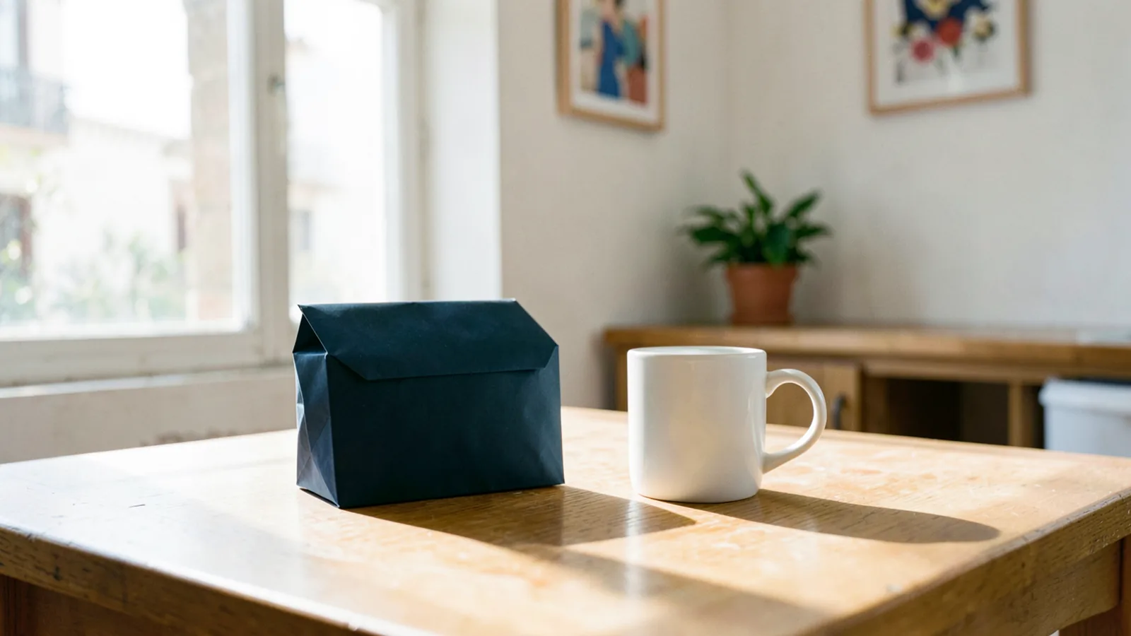 Un sobre de papel azul oscuro cerrado y una taza blanca sobre una mesa de madera clara, junto a una ventana con luz de mañana.