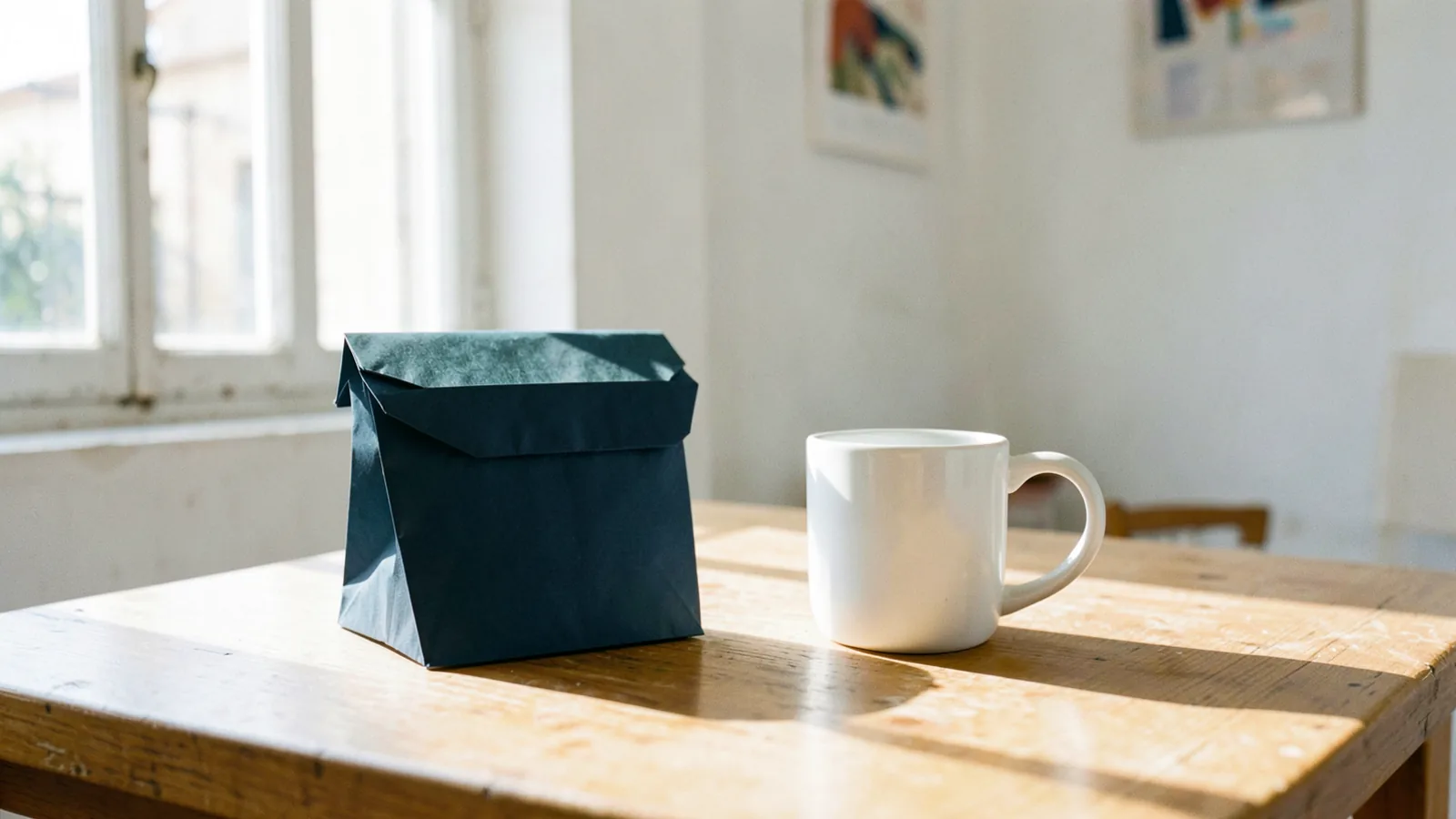 Un paquete de papel oscuro cerrado y una taza blanca, separados sobre una mesa de madera clara junto a una ventana con luz de mañana.