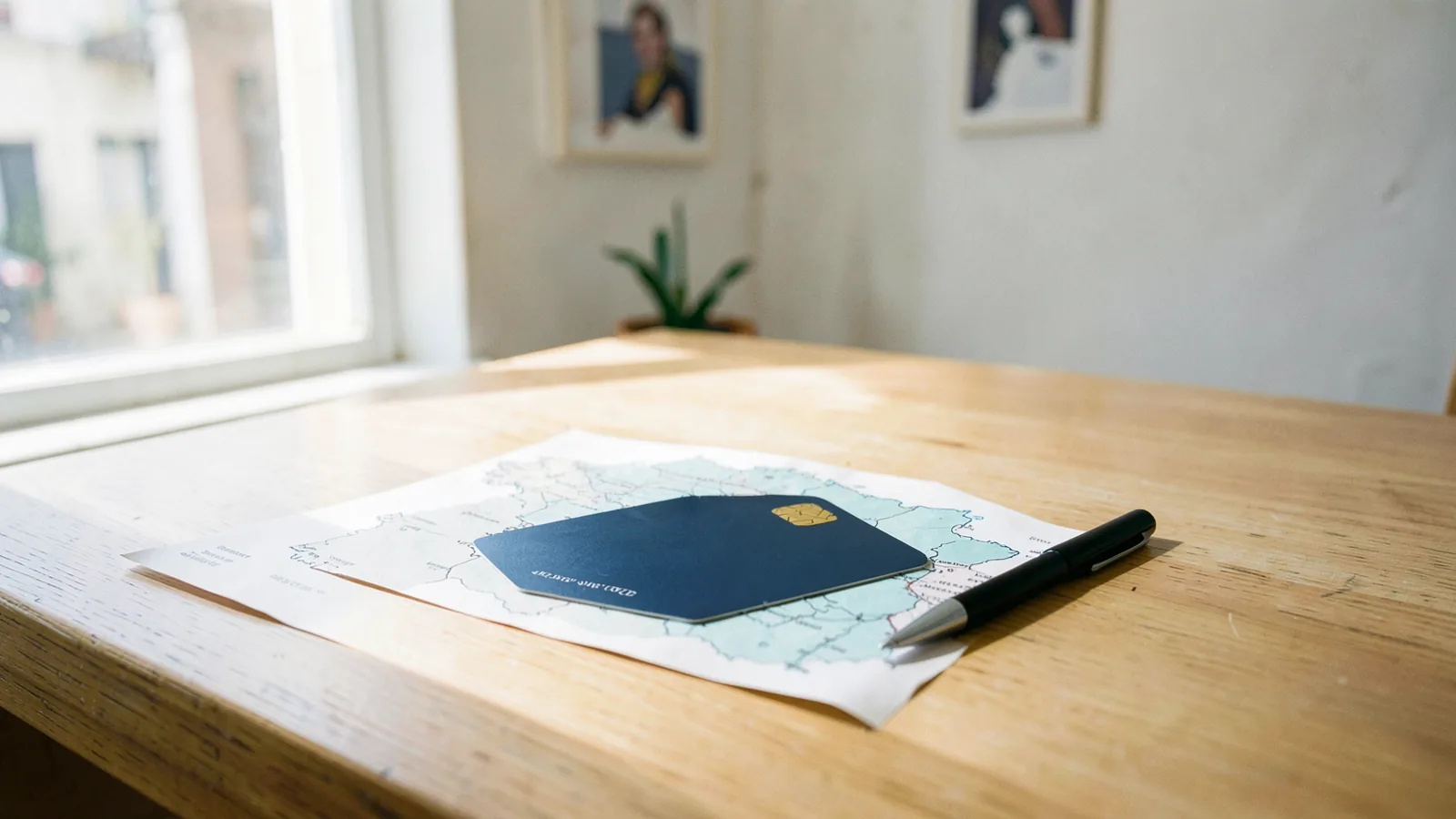 Una tarjeta bancaria plateada sobre un mapa de España en papel, con un bolígrafo al lado, sobre una mesa de madera clara.