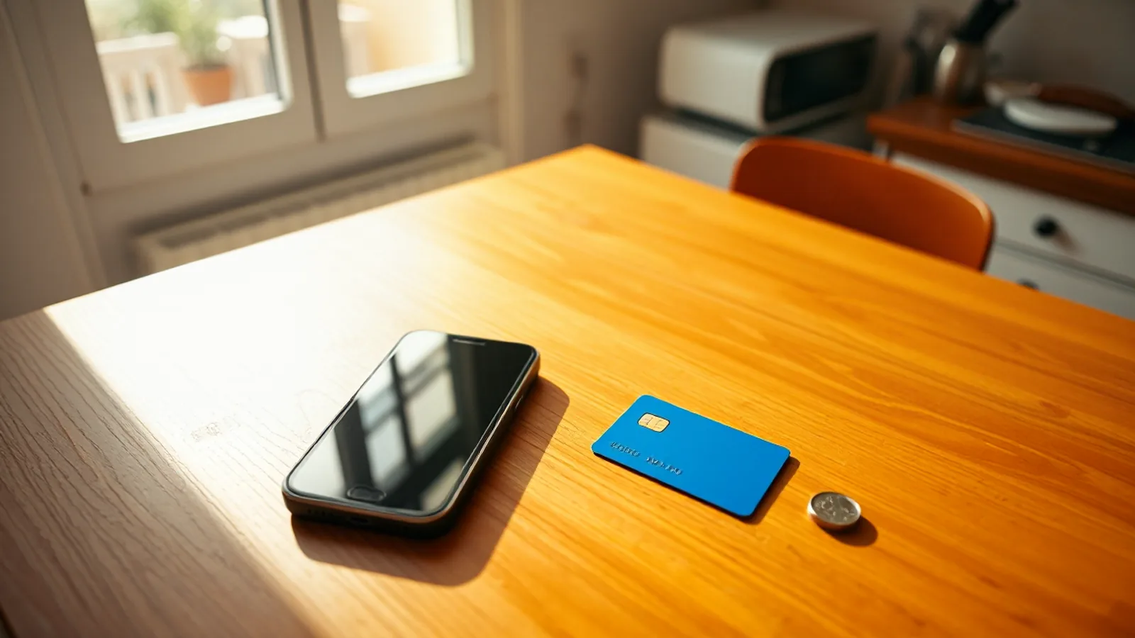 Un móvil negro con la pantalla apagada y una tarjeta azul con chip dorado sobre una mesa de madera, junto a una moneda, en una cocina luminosa
