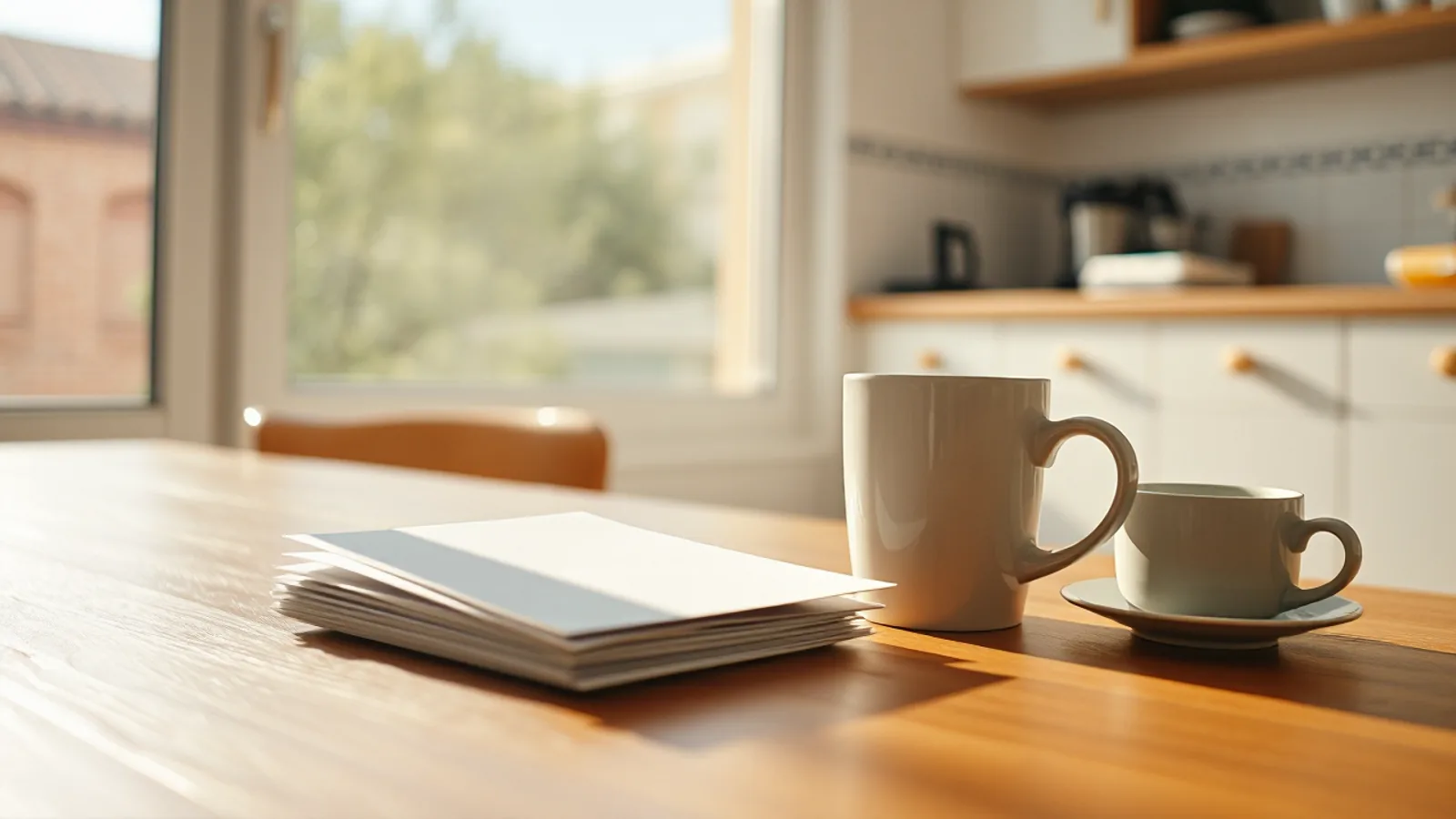 Un pequeño montón de sobres de facturas sin abrir y una tarjeta de débito sobre la mesa de una cocina soleada, junto a una taza de café