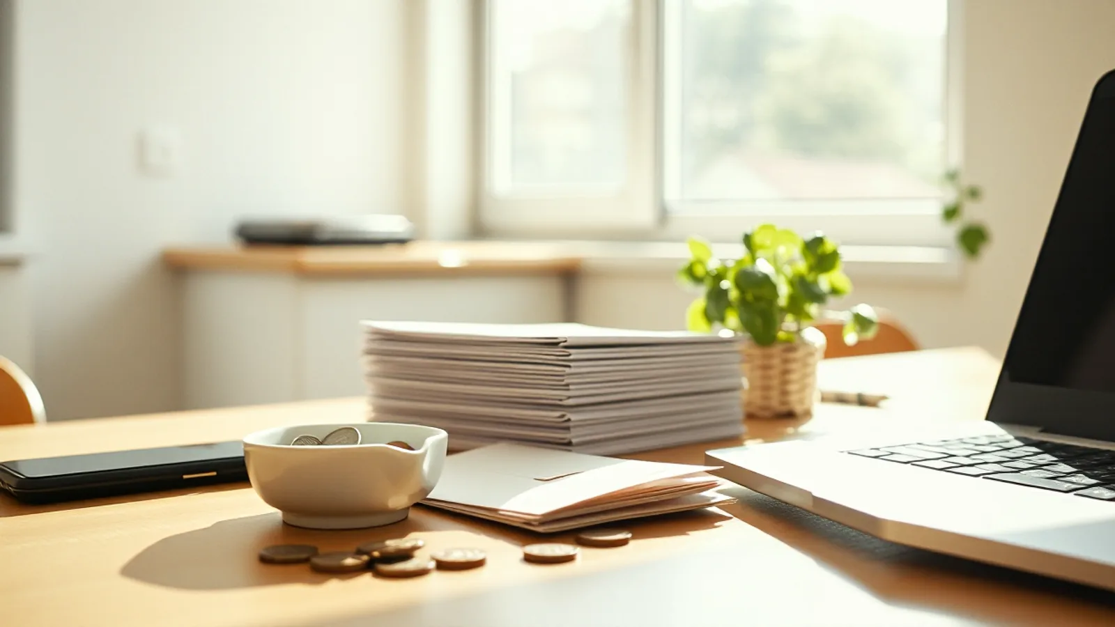 Un platillo con unas monedas junto a un montón de sobres blancos cerrados, sobre la mesa de una cocina soleada