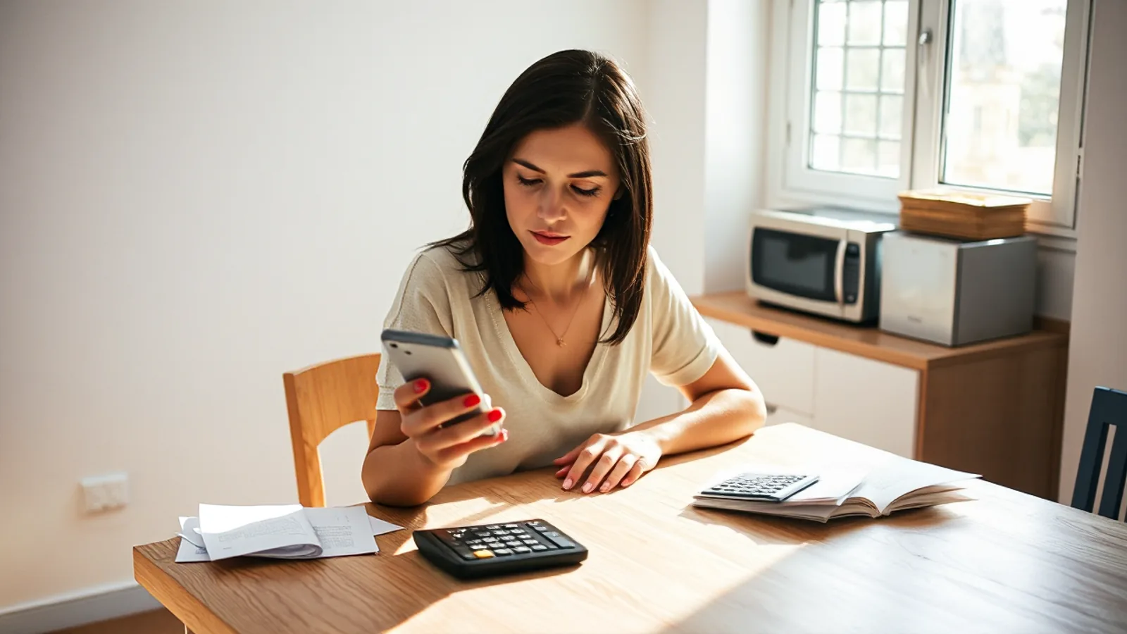 Una mujer de unos treinta años sentada a la mesa de su cocina, con el móvil en una mano y una calculadora delante, echando cuentas con gesto de estar comparando dos cosas