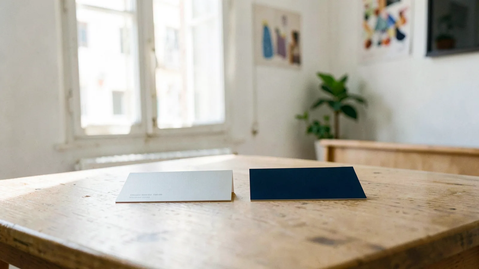 Dos tarjetas bancarias de débito, una plateada y una azul oscuro, colocadas una junto a otra sobre una mesa de madera clara con luz natural.